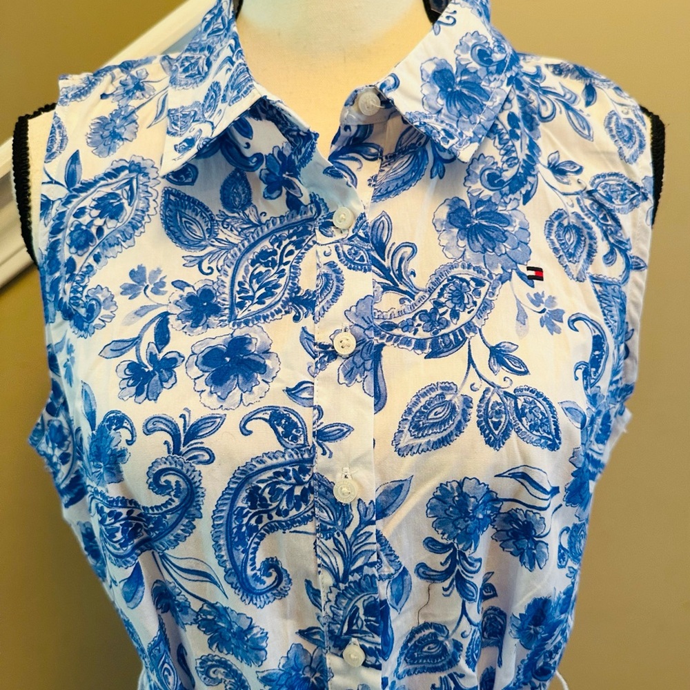 tommy hilfiger dress women Buttons Front Mini Blue/white Floral sleeveless Sz#10